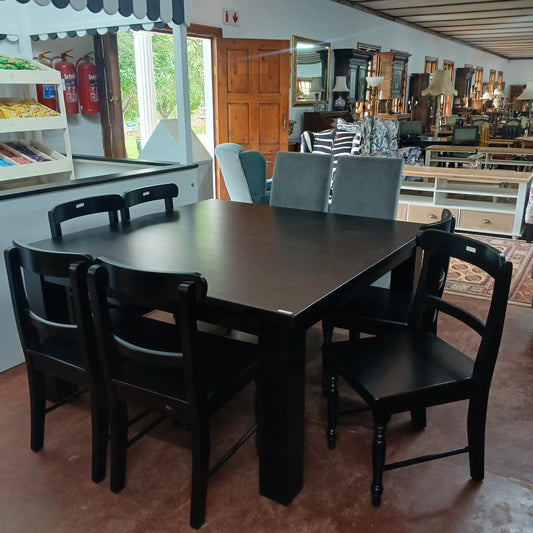 1,5x1,5 square leg dining table and chairs in dark mahogany stain