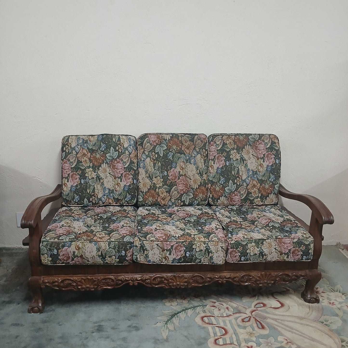 Imbuia Ball and Claw 3 Seater Bench with Cushions