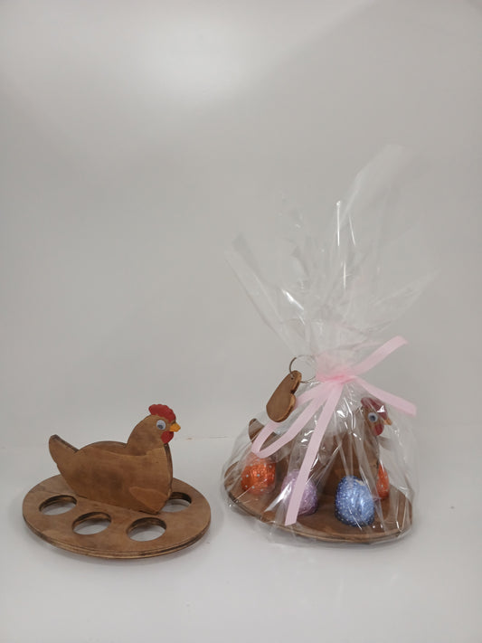 6 Eggs Wooden Holder with a Key ring and 6 chocolate eggs