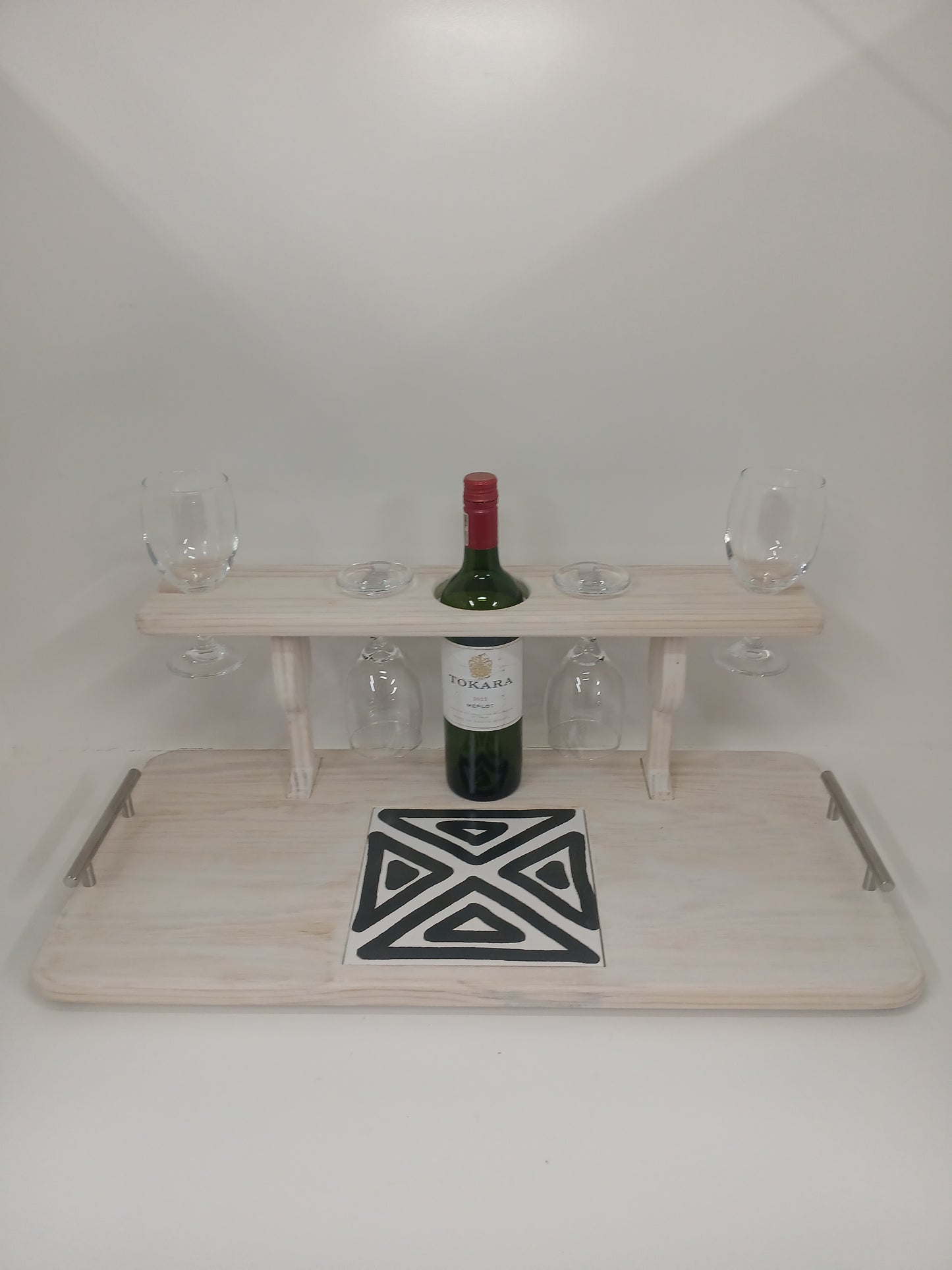 Wine/4 Glass Stand in White washed Pine