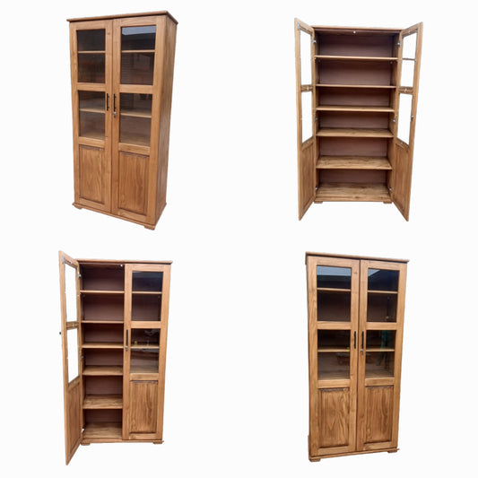 Pine 2 glass door bookcase in rustic finish