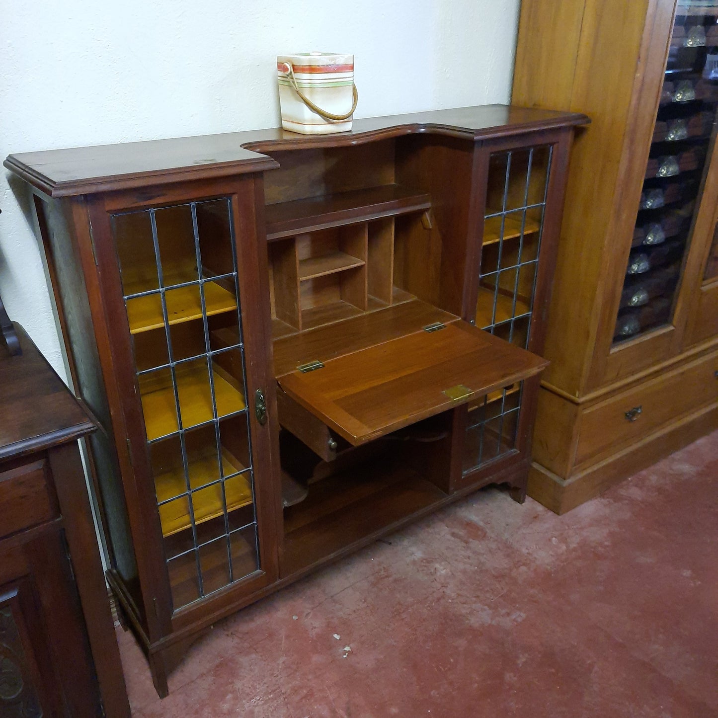 Antique lead glass bookcase desk