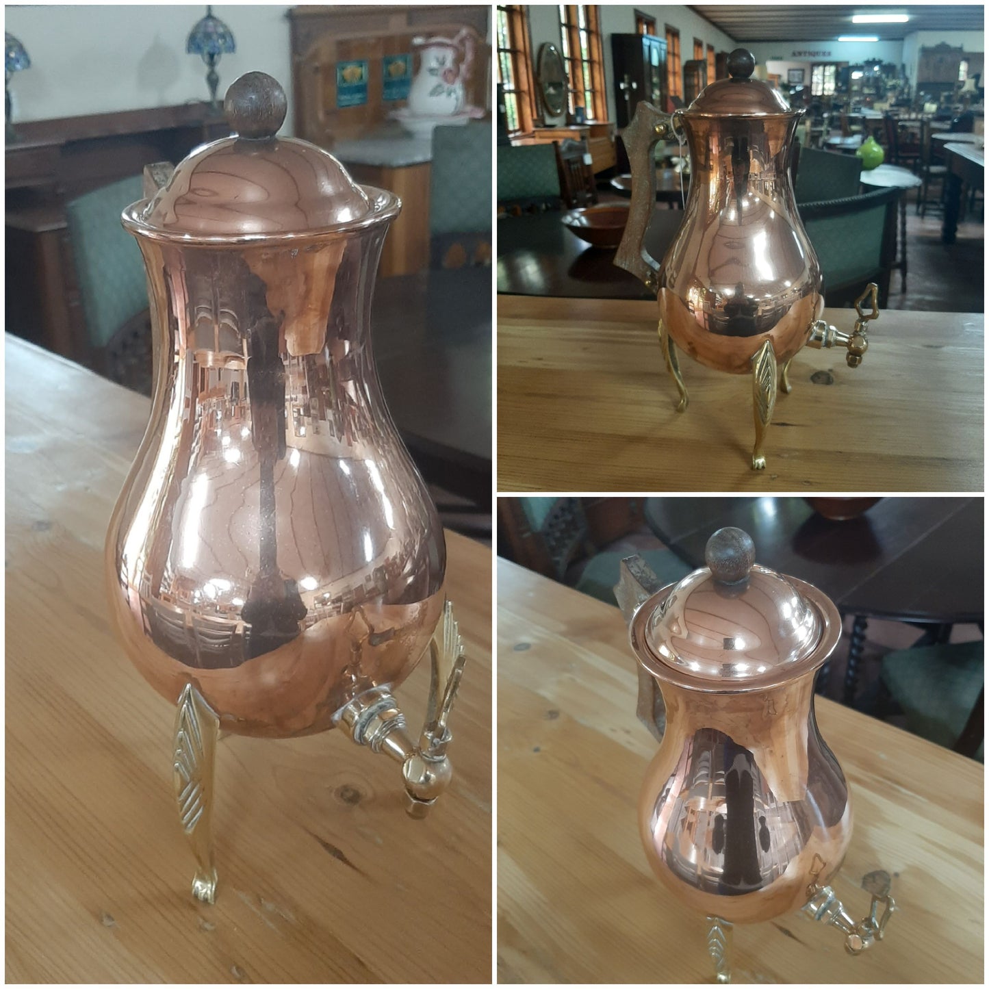 Copper pot on brass legs