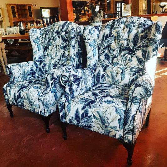 Deep buttoned Floral blue Wingback chair