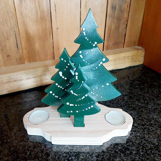 3 hand painted Trees& 2 candles Christmas deco