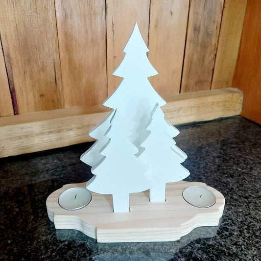 3 White painted Christmas trees & 2 candles deco