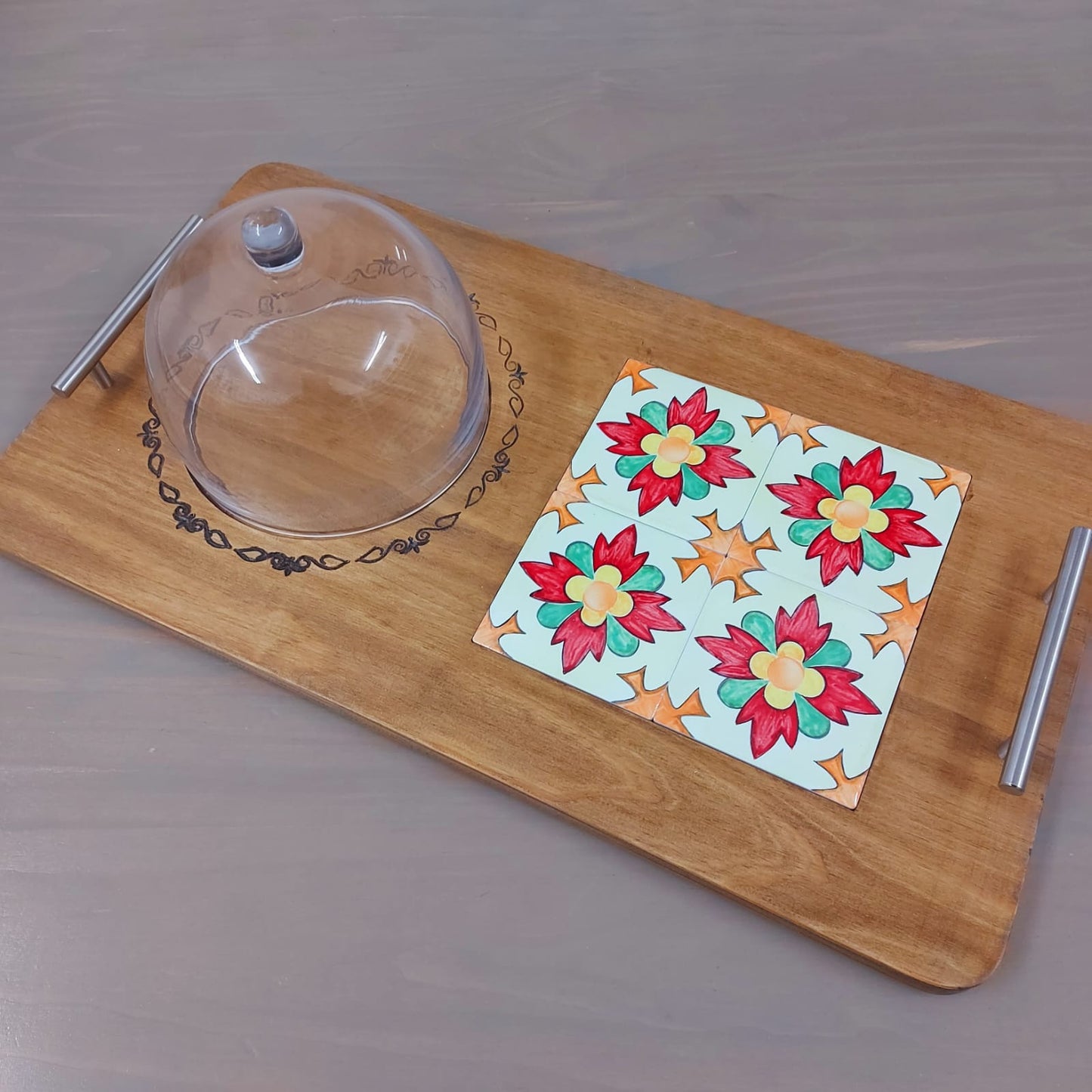 Cheese board with glass dome & tiles