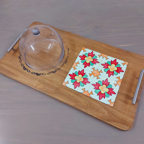 Cheese board with glass dome & tiles