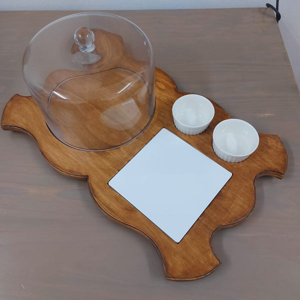Cake dome stand with 2 white bowls & a tile