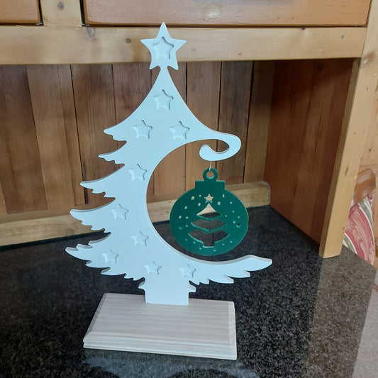 White painted Christmas tree with green tree deco