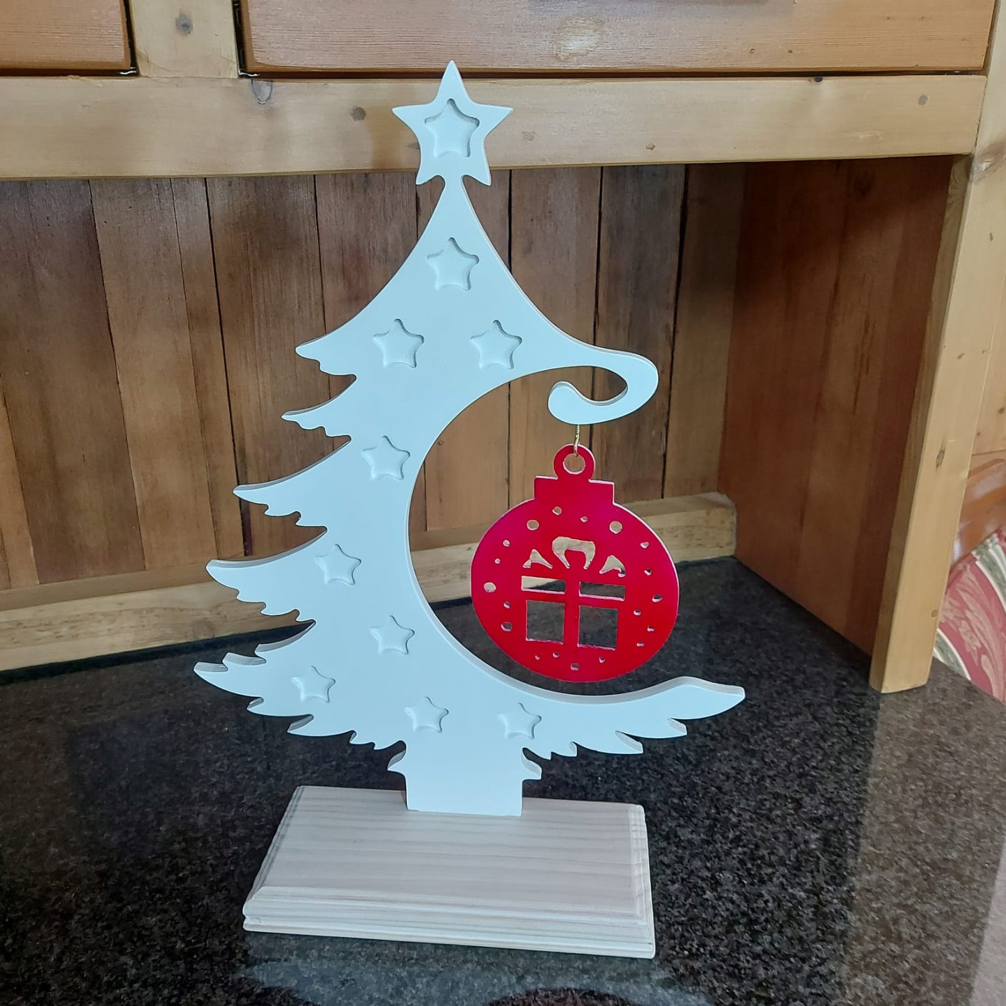 White painted Christmas tree with gift deco