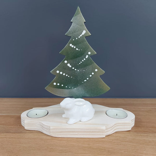 Hand painted Christmas tree with 2 candles and a rabbit