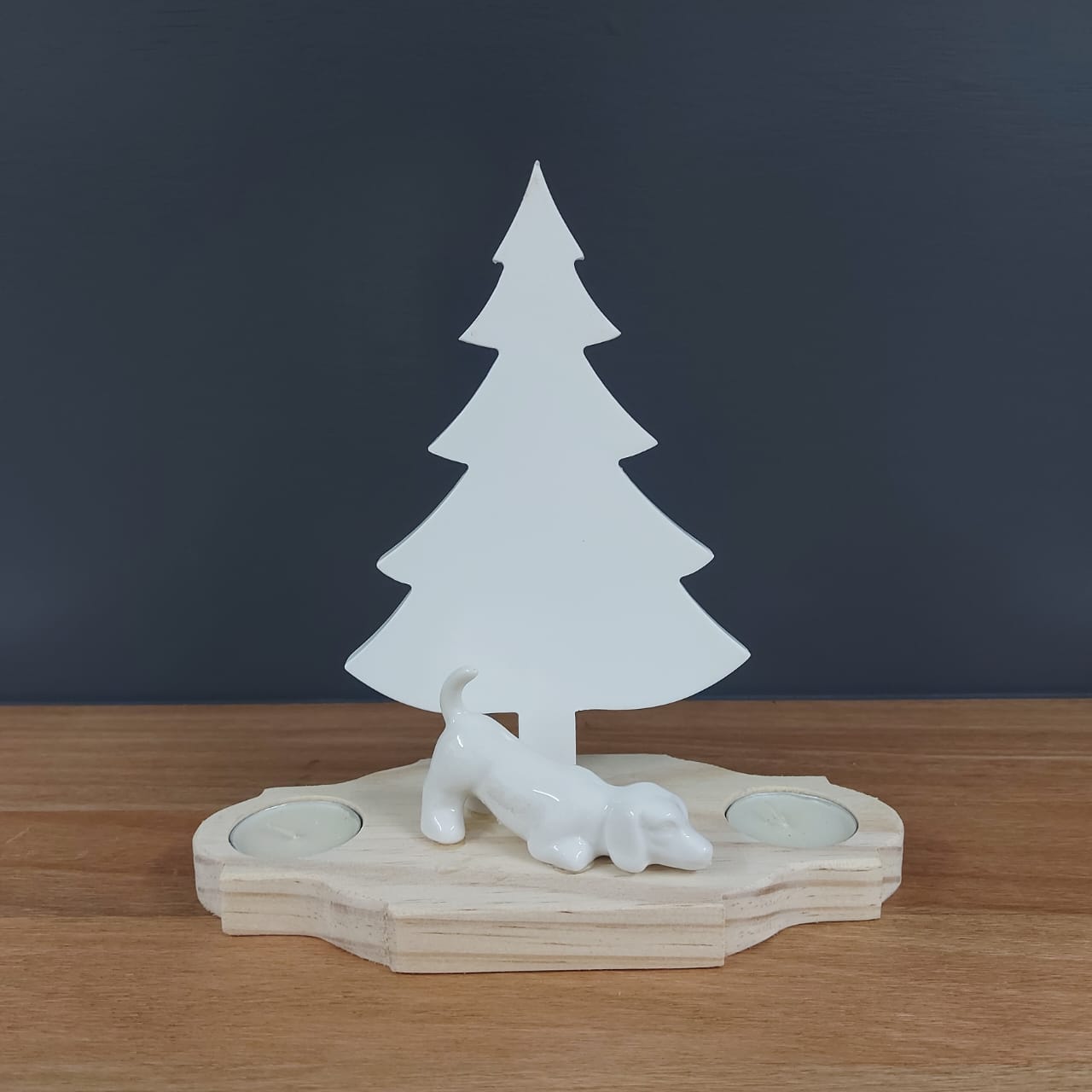 White painted Christmas tree with 2 candles & a dog deco
