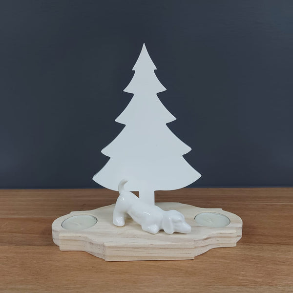White painted Christmas tree with 2 candles & a dog deco