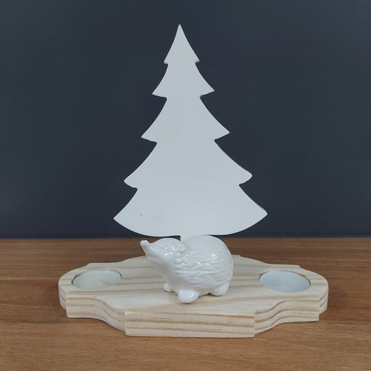 2 candles, hedgehog and Christmas tree deco