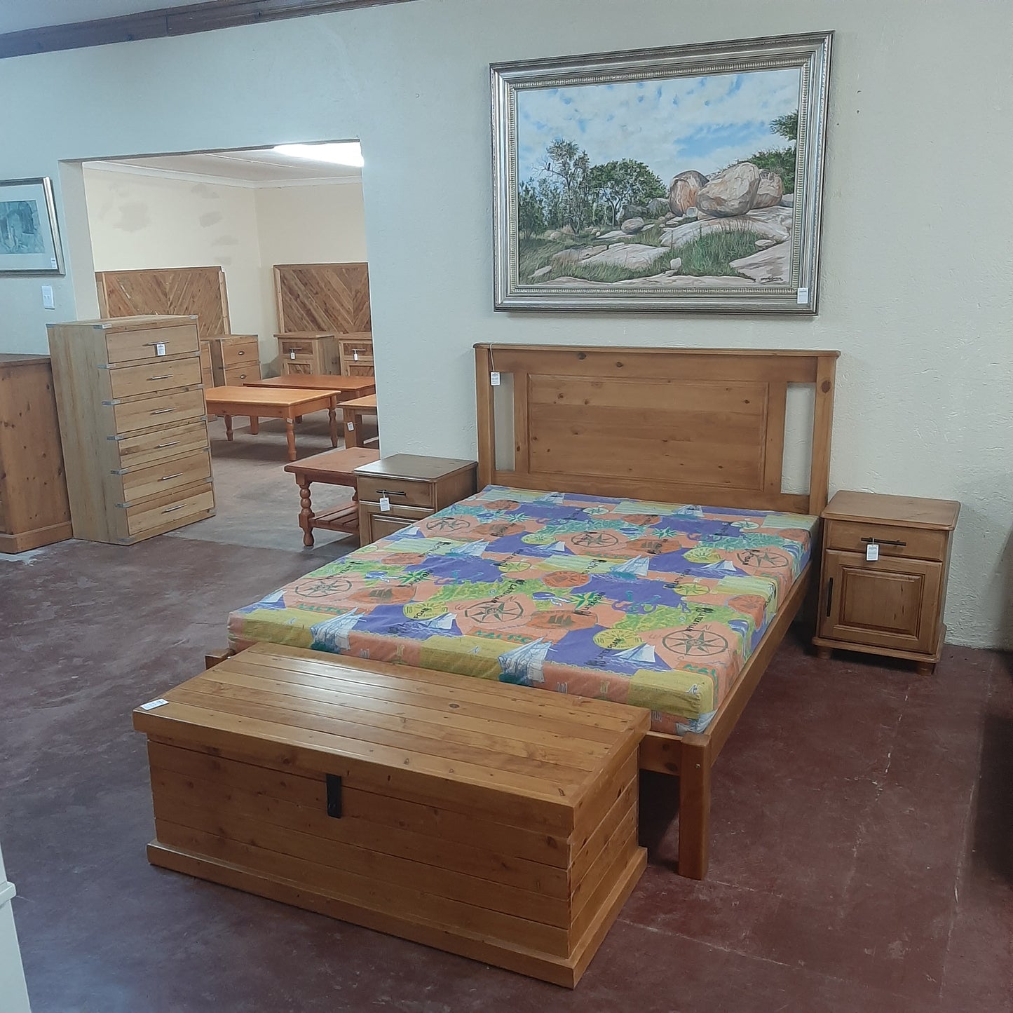 Pine stained queen bed