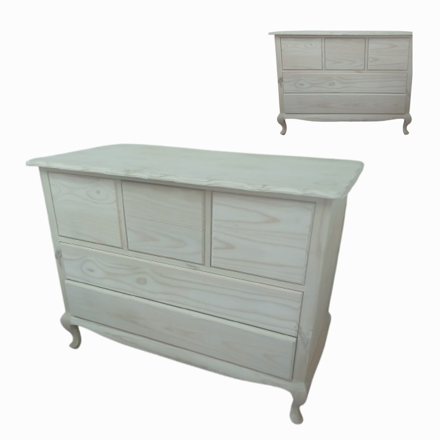 Raw pine Queen Anne chest of 3+2