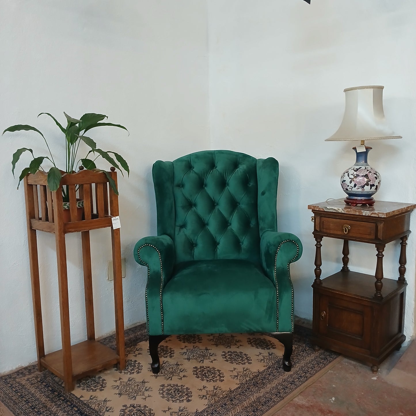 Wingback chair, pedestal & flower pot