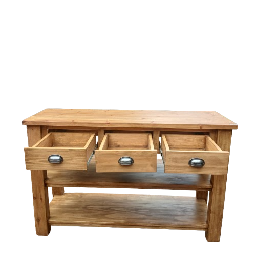 3 Drawer 3 tier server in pine rustic finish.