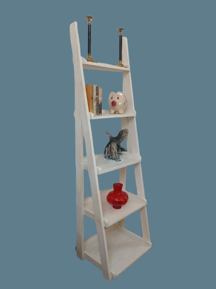 Whitewashed ladder shelf.