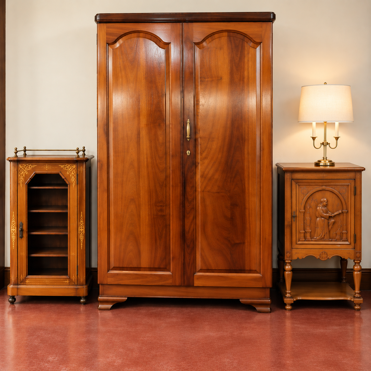 Music Cabinet, 2 Door Wardrobe & an Oak carved Tobacco Cabinet