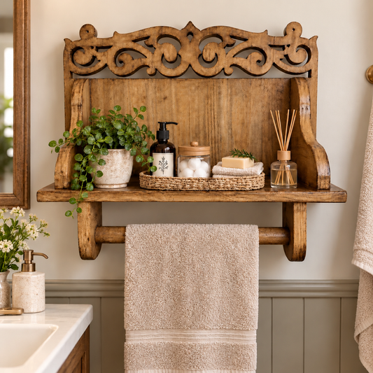 Carved Wall Shelf with Towel Rail
