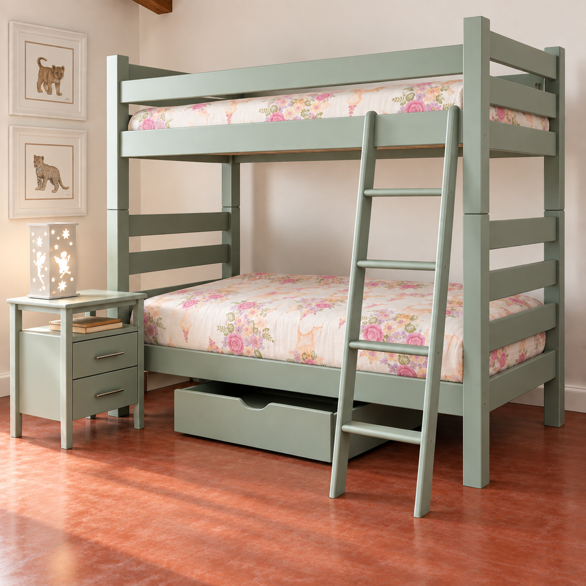 Painted Double Bunk Bed, Pedestal & Under Bed Drawer